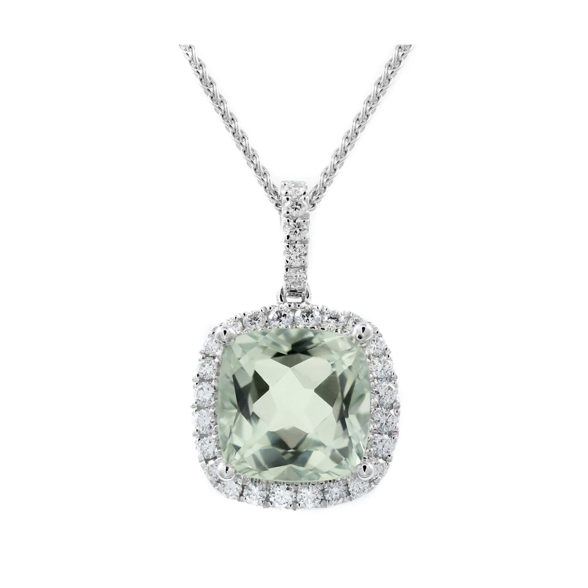 Platinum 3.99ct green amethyst & 0.41ct diamond cluster pendant