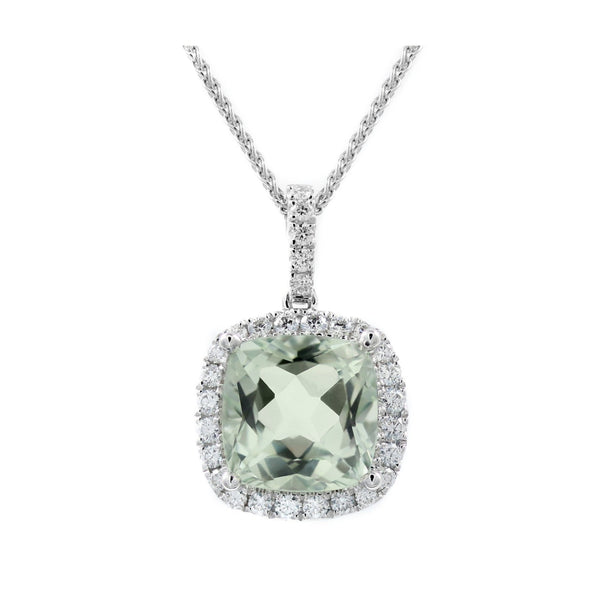 Platinum 3.99ct green amethyst & 0.41ct diamond cluster pendant