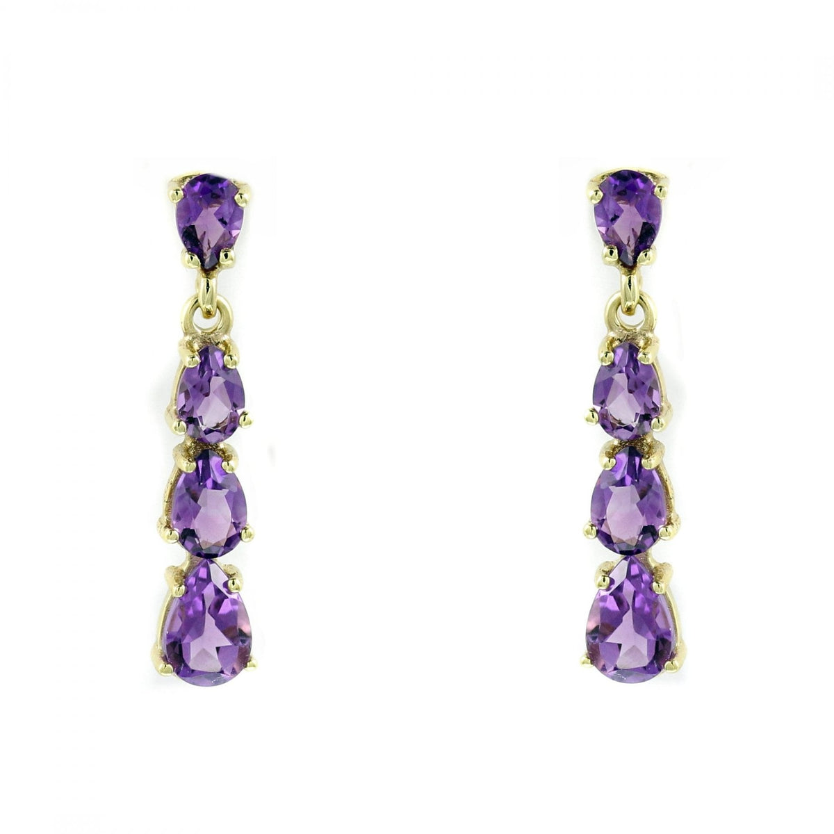 9ct yellow gold amethyst 4 stone drop earrings