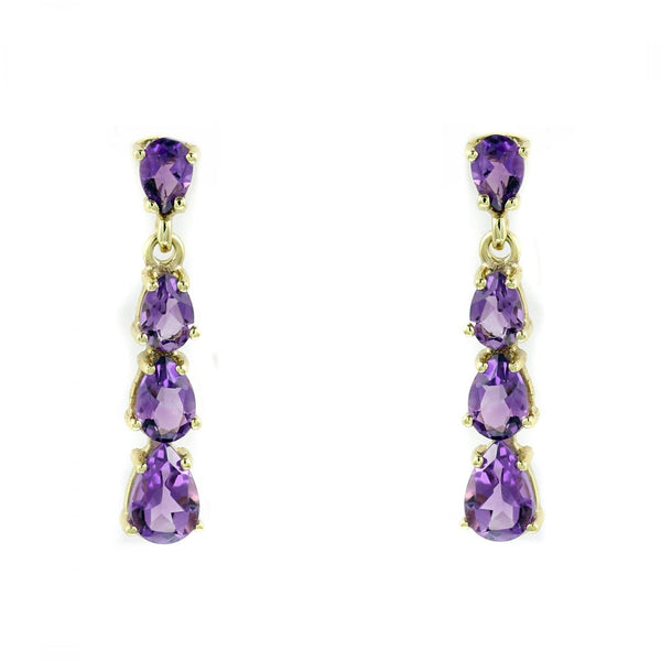 9ct yellow gold amethyst 4 stone drop earrings