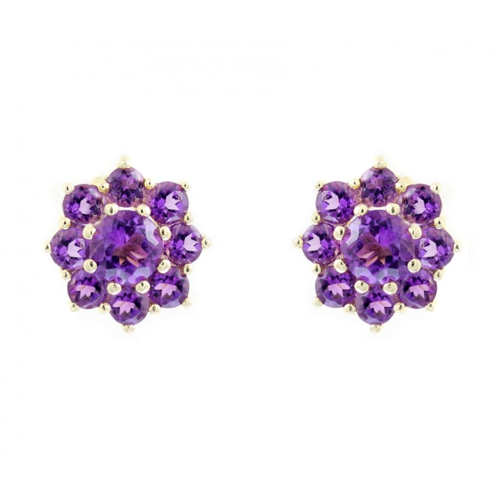 9ct yellow gold 5mm & 3mm amethyst flower cluster earrings