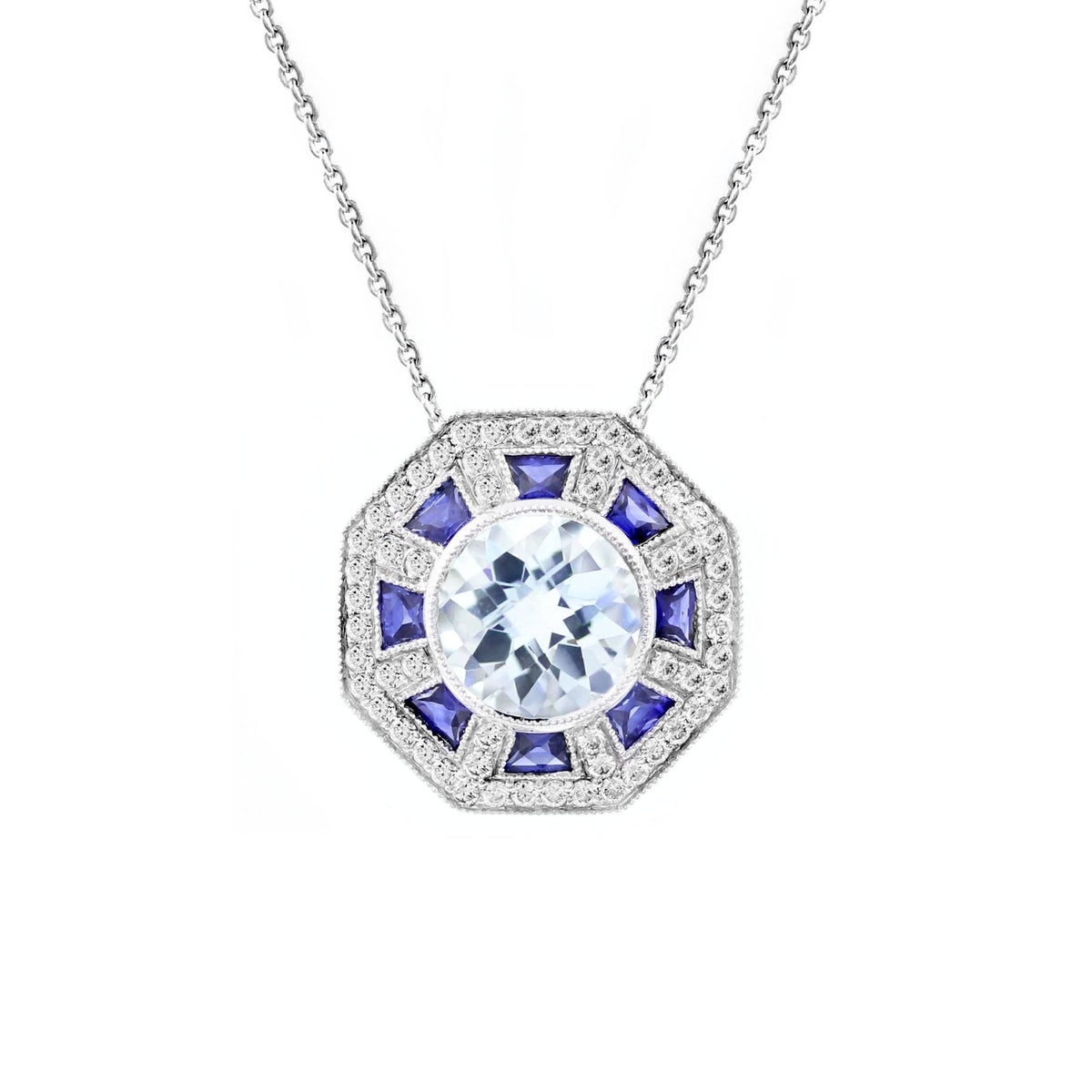 18ct white gold aquamarine, sapphire & diamond cluster pendant