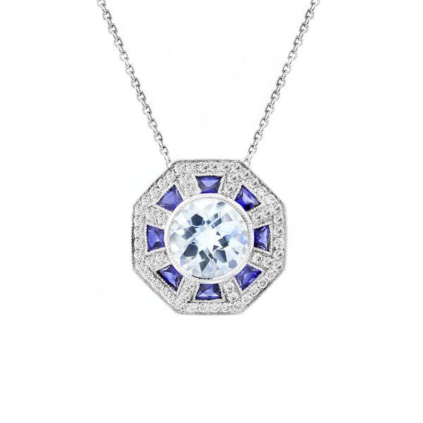 18ct white gold aquamarine, sapphire & diamond cluster pendant