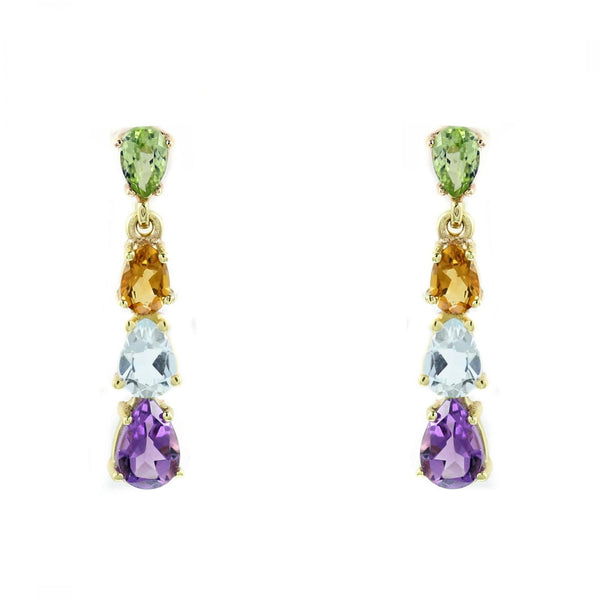 9ct yellow gold mutli gemstone 4 stone drop earrings