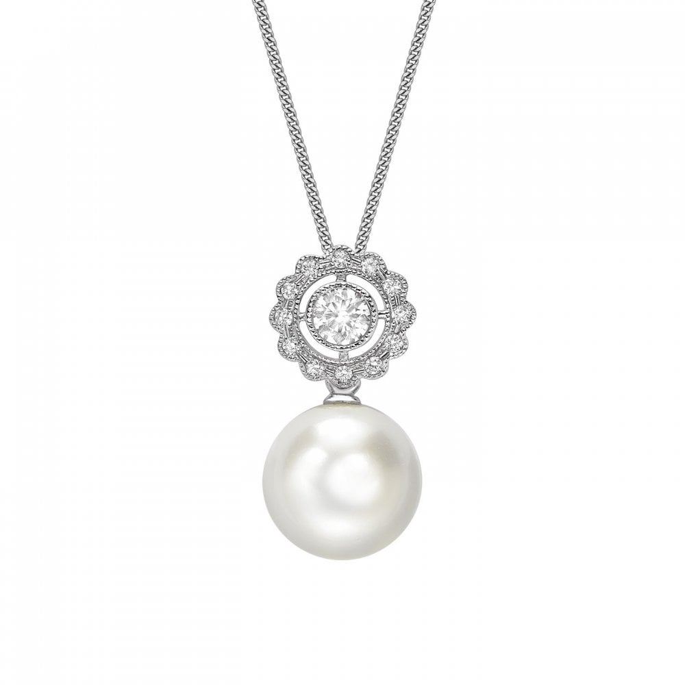 18ct white gold Akoya pearl & 0.24ct diamond cluster pendant