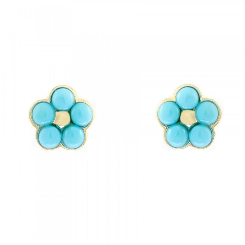 9ct yellow gold 9mm x 9mm turquoise flower cluster stud earrings