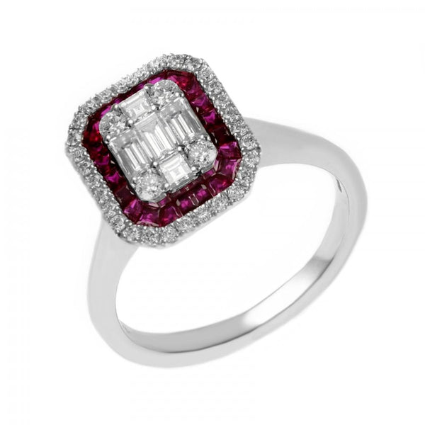 18ct white gold 0.78ct ruby & 0.69ct diamond cluster ring