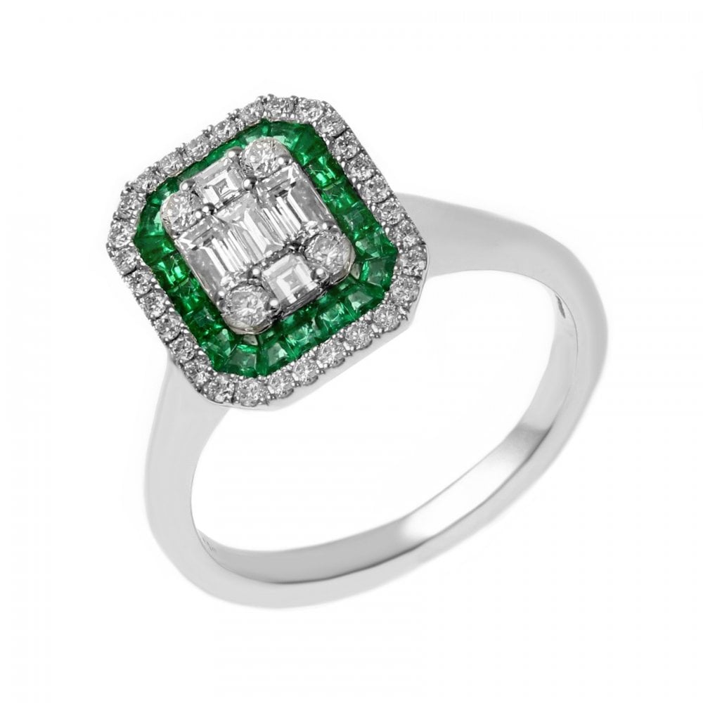 18ct white gold 0.61ct emerald & 0.66ct diamond cluster ring