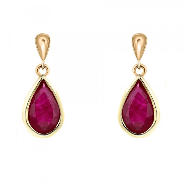9ct yellow gold 7mm x 5mm pear ruby drop earrings