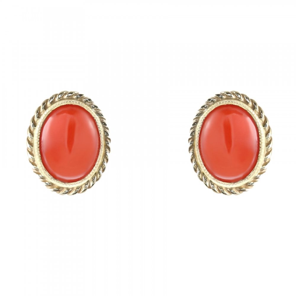 9ct yellow gold 8mm x 6mm oval coral stud earrings
