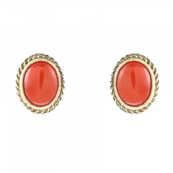9ct yellow gold 8mm x 6mm oval coral stud earrings