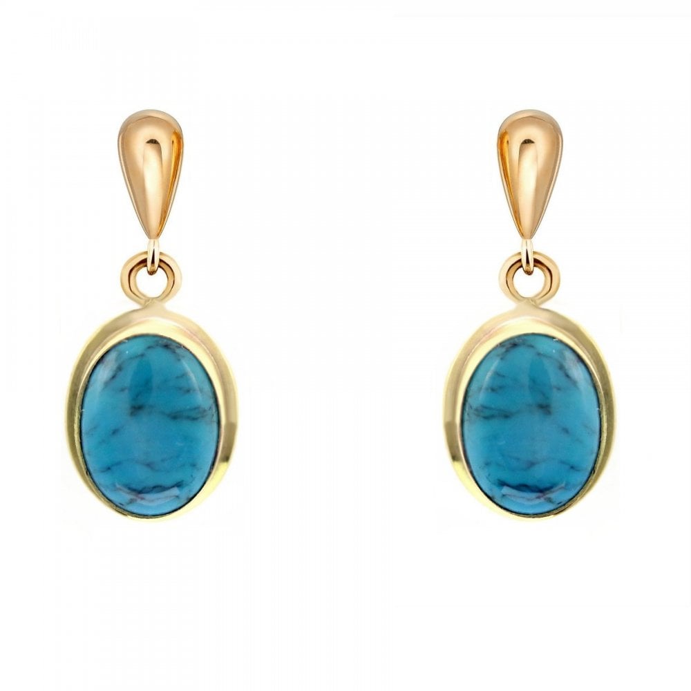 9ct yellow gold 8mm x 6mm oval turquoise matrix drop earrings