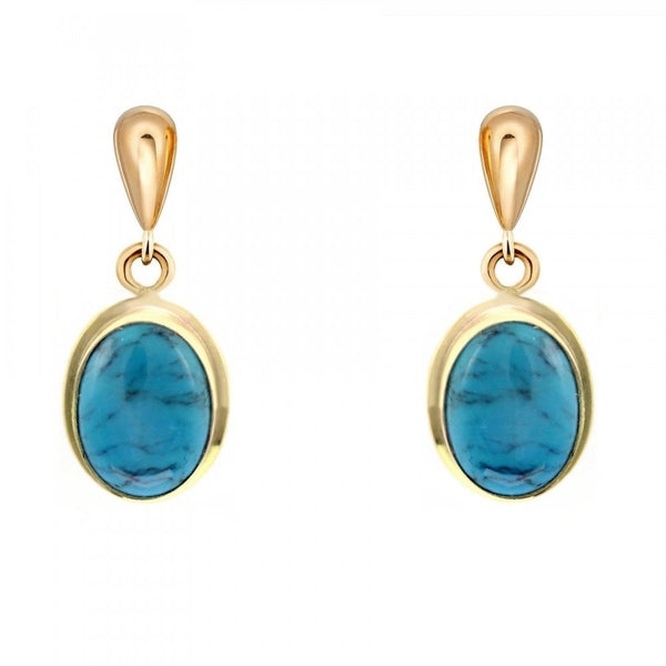 9ct yellow gold 8mm x 6mm oval turquoise matrix drop earrings