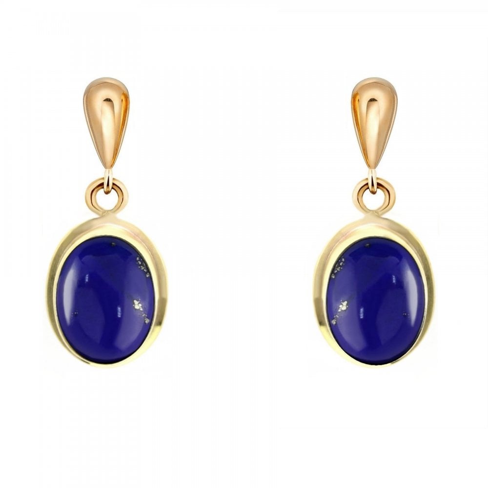 9ct yellow gold 8mm x 6mm oval lapis drop earrings