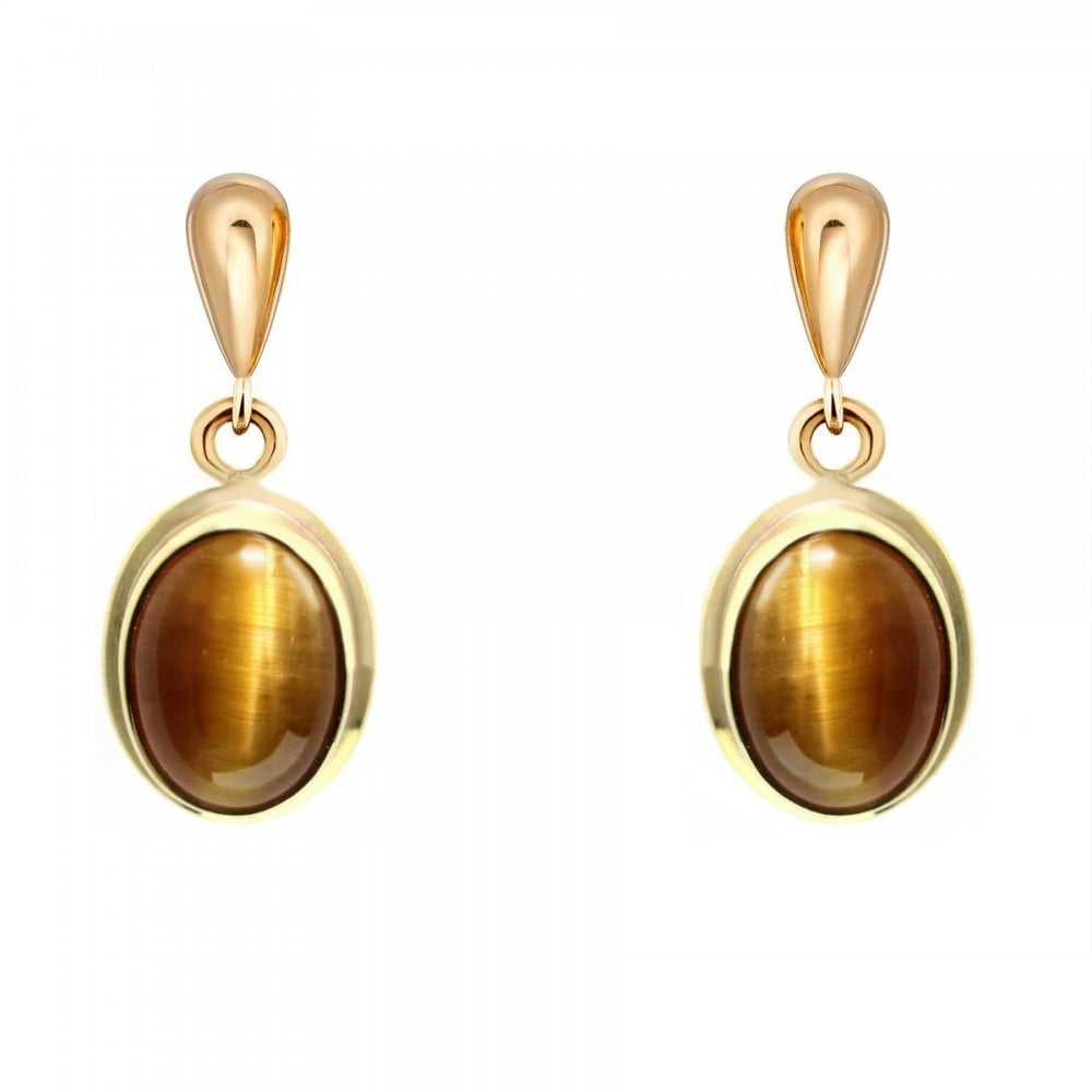 9ct yellow gold 8mm x 6mm oval tigers eye drop earrings