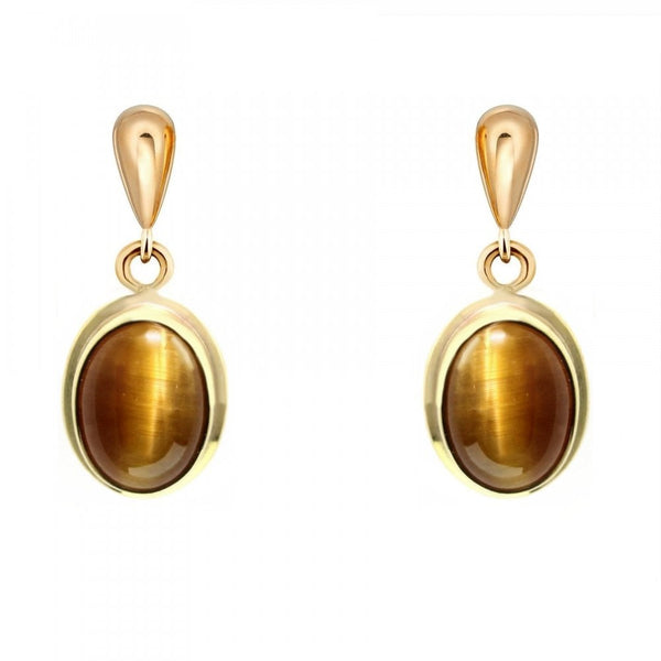 9ct yellow gold 8mm x 6mm oval tigers eye drop earrings