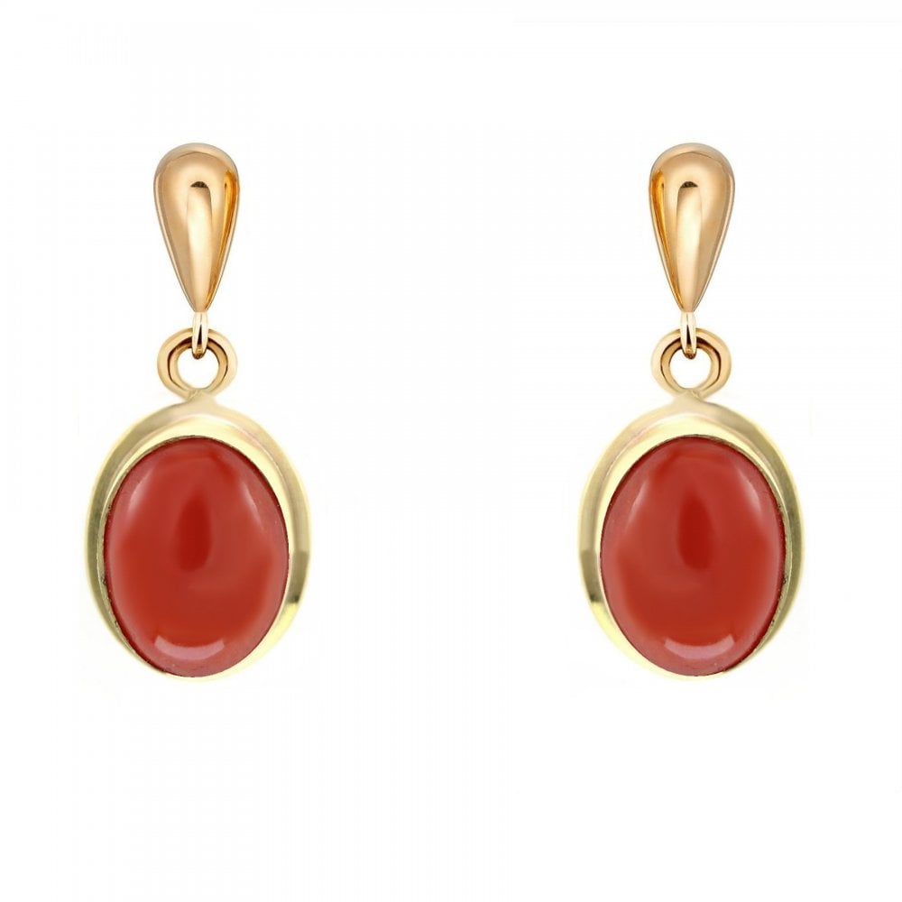9ct yellow gold 8mm x 6mm oval coral drop earrings