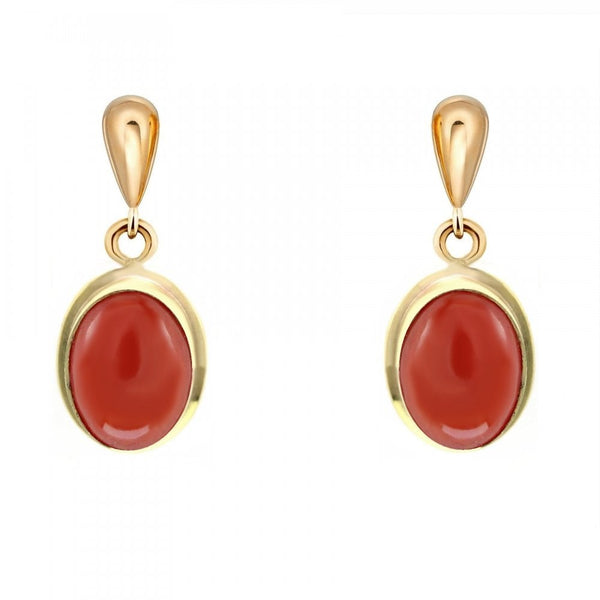 9ct yellow gold 8mm x 6mm oval coral drop earrings