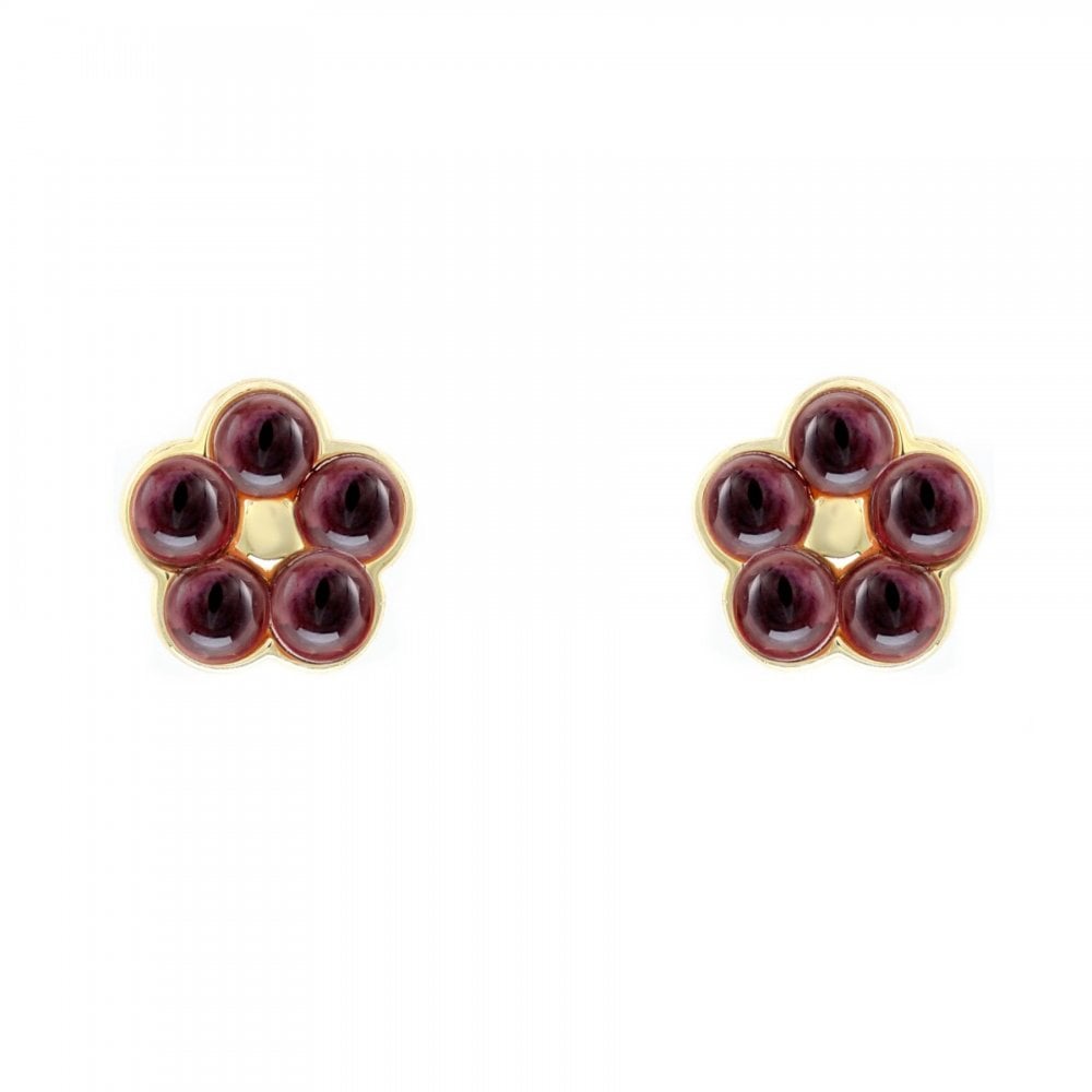9ct yellow gold 9mm x 9mm garnet flower cluster stud earrings