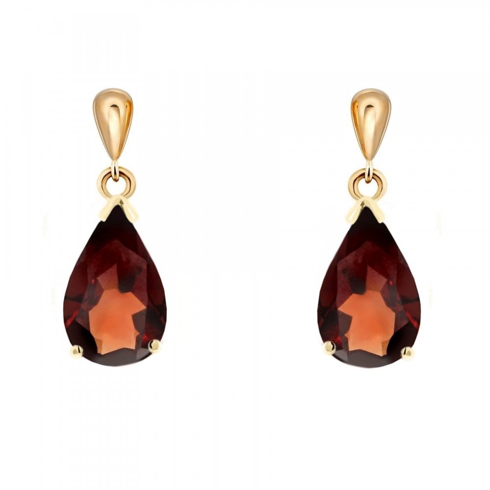 9ct yellow gold 9mm x 6mm pear garnet drop earrings