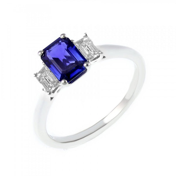 Platinum 0.97ct sapphire & 0.49ct diamond 3 stone ring
