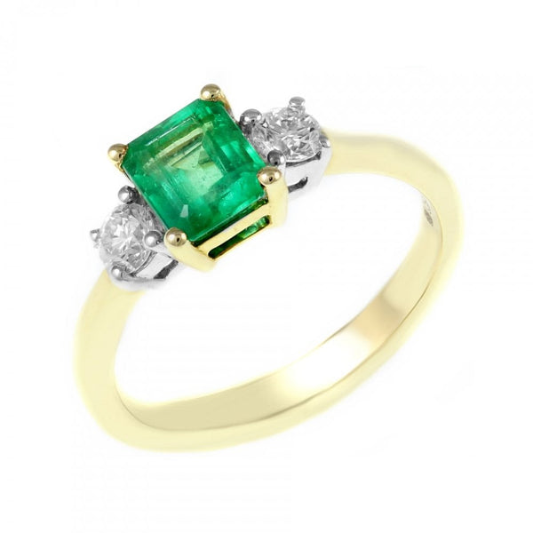 18ct yellow gold 0.95ct emerald & 0.32ct diamond 3 stone ring