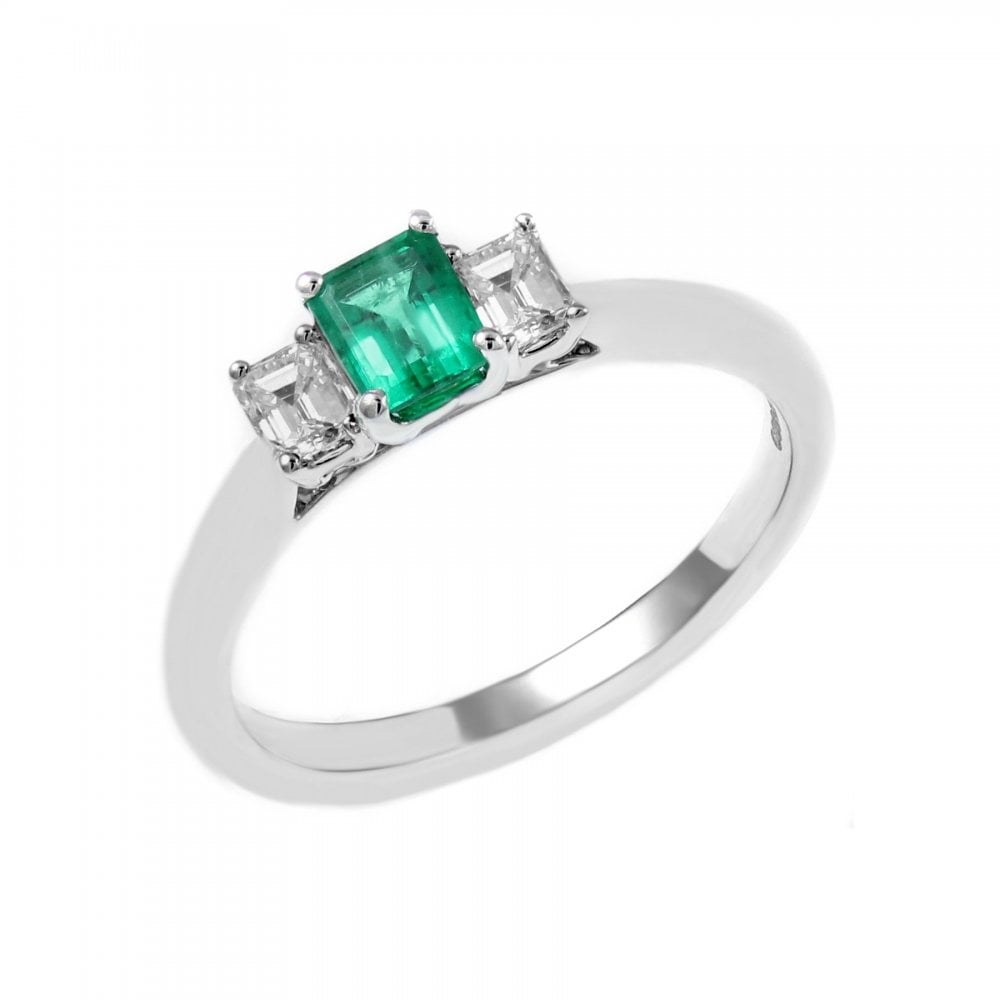 Platinum 0.40ct emerald & 0.31ct diamond 3 stone ring