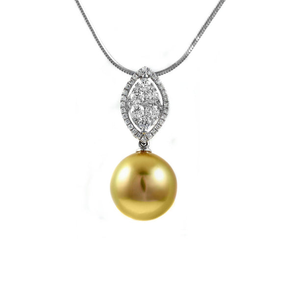 18ct white gold 12.5mm golden pearl & 0.50ct diamond pendant