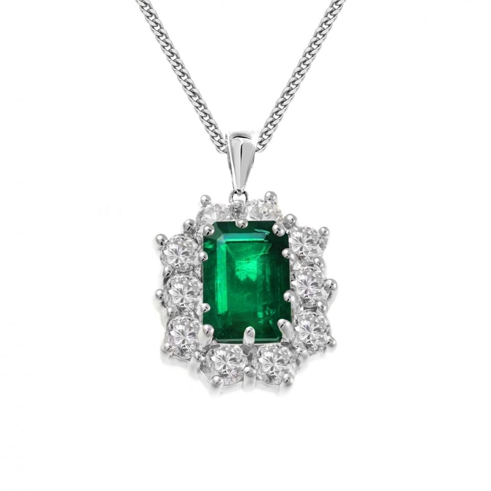18ct white gold 1.28ct emerald & 1.54ct diamond cluster pendant