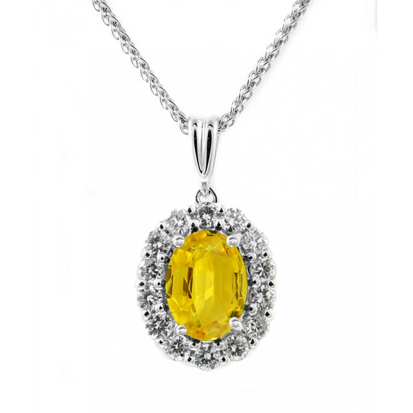 Platinum 0.62ct yellow sapphire & 0.14ct diamond cluster pendant