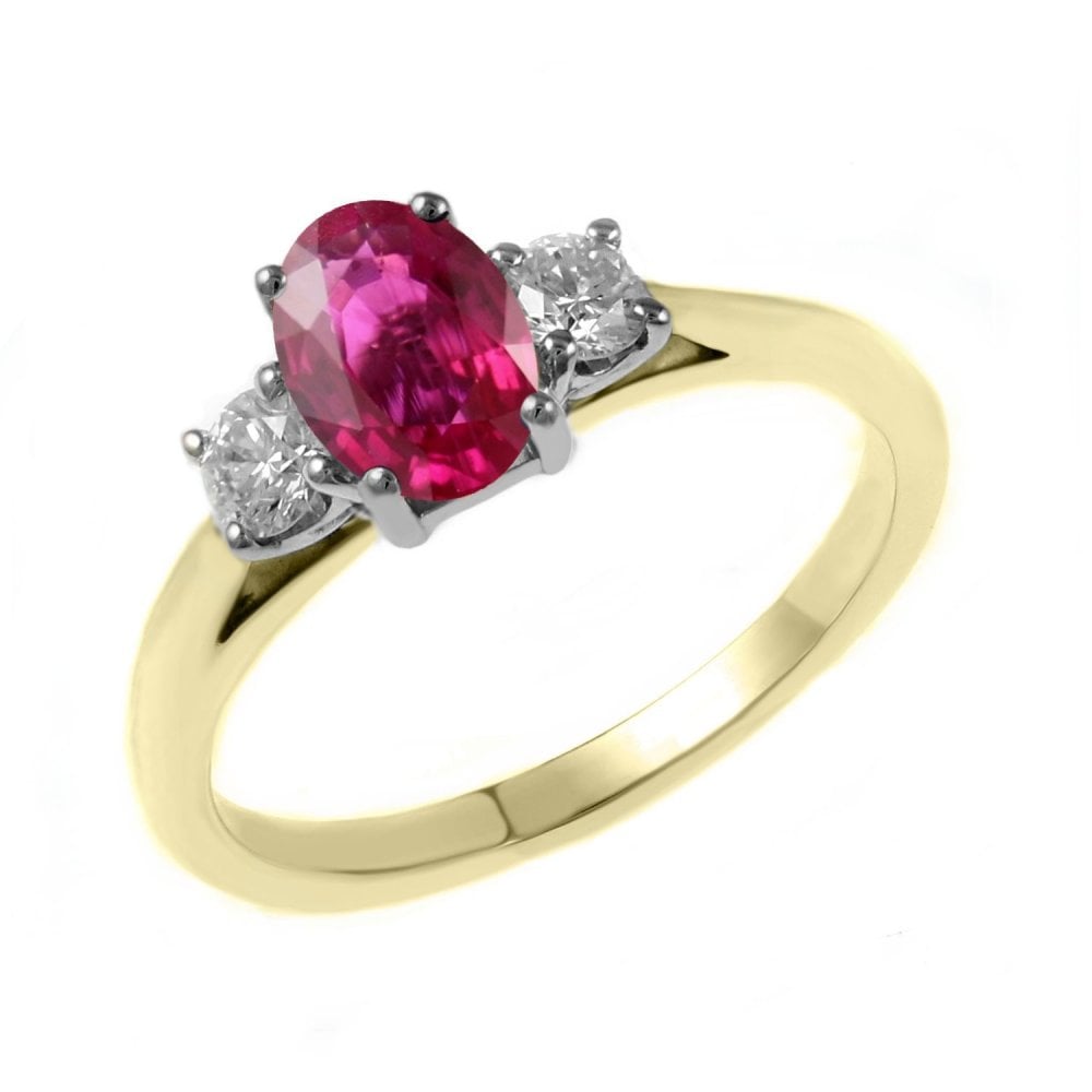 18ct yellow gold 0.80ct ruby & 0.25ct diamond 3 stone ring