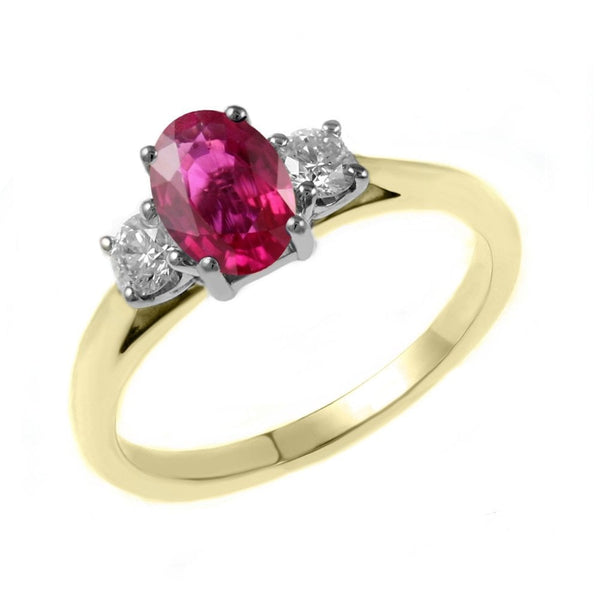 18ct yellow gold 0.80ct ruby & 0.25ct diamond 3 stone ring