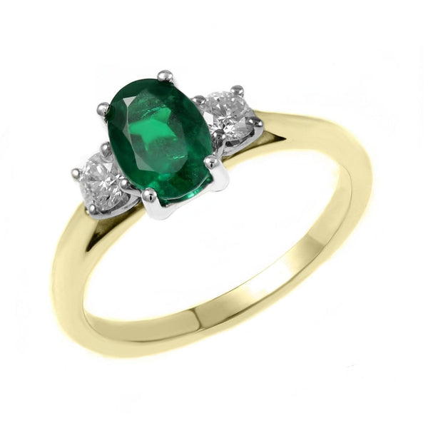18ct yellow gold 0.80ct emerald & 0.25ct diamond 3 stone ring