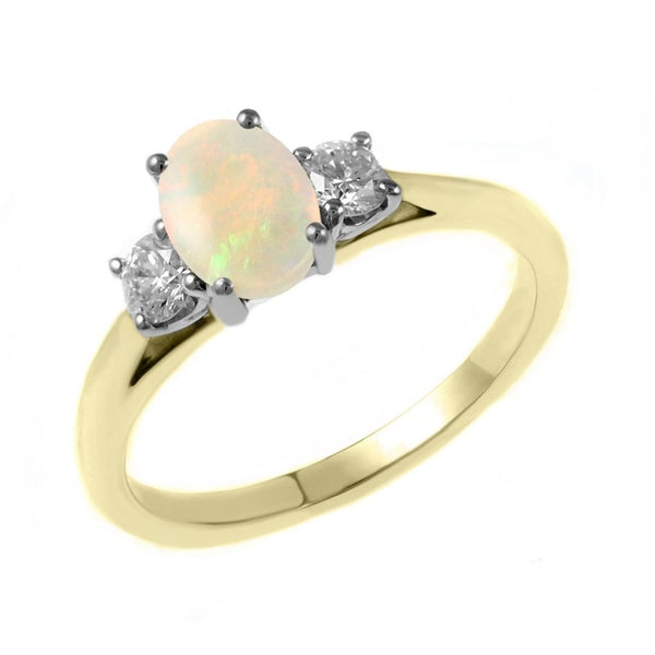 18ct yellow gold 0.50ct opal & 0.25ct diamond 3 stone ring