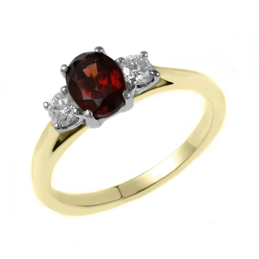 18ct yellow gold 0.90ct garnet & 0.25ct diamond 3 stone ring