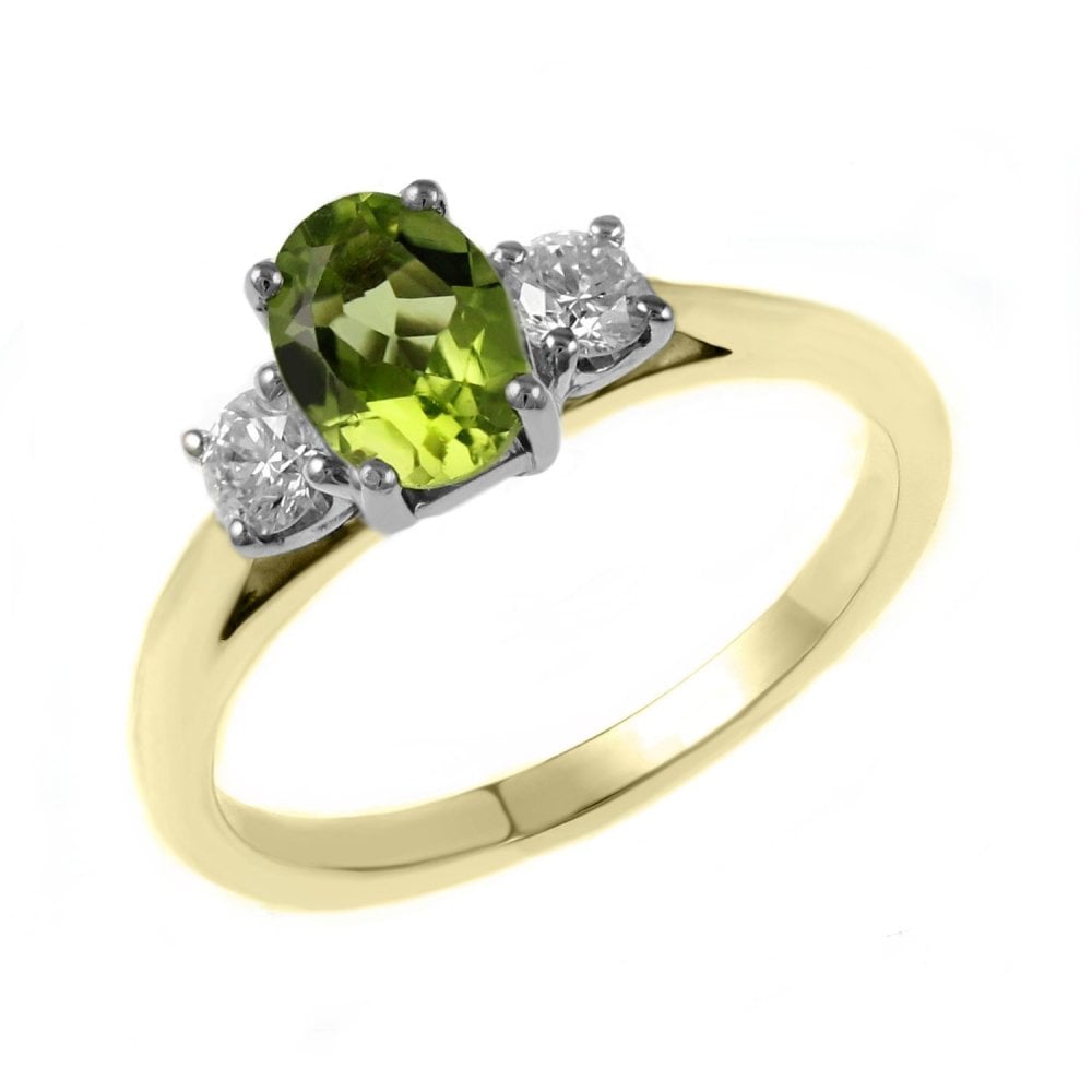 18ct yellow gold 1.00ct peridot & 0.25ct diamond 3 stone ring