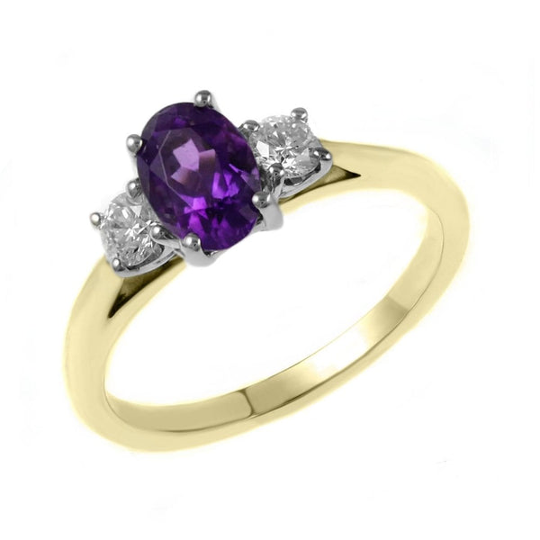 18ct yellow gold 0.75ct amethyst & 0.26ct diamond 3 stone ring