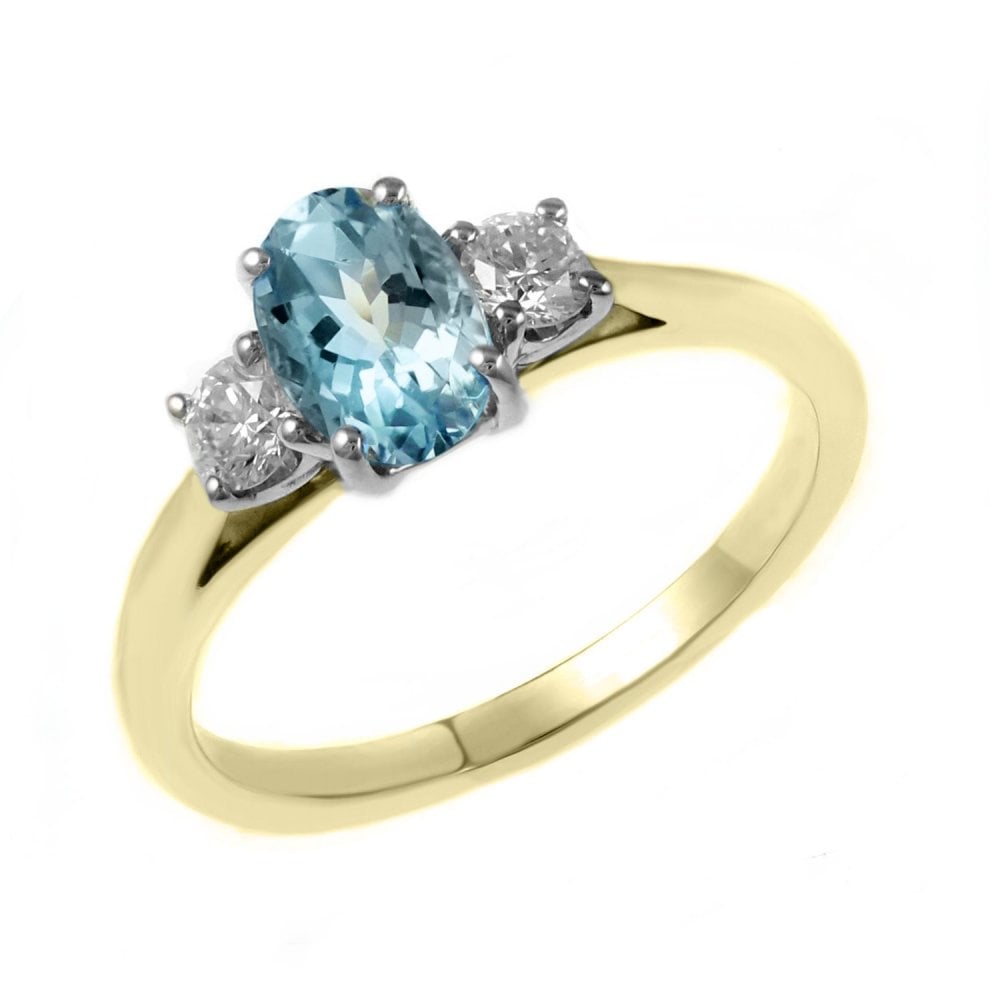 18ct yellow gold 0.70ct aquamarine & 0.25ct diamond 3 stone ring