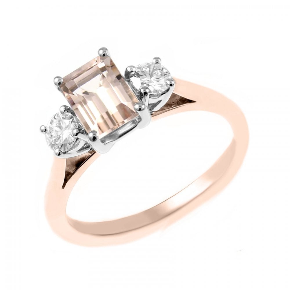 18ct rose gold 1.00ct morganite & 0.30ct diamond 3 stone ring