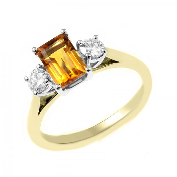 18ct yellow gold 1.00ct citrine & 0.30ct diamond 3 stone ring