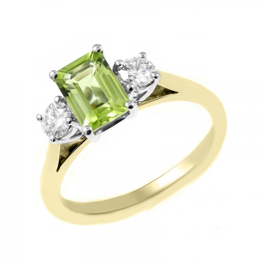 18ct yellow gold 1.00ct peridot & 0.30ct diamond 3 stone ring