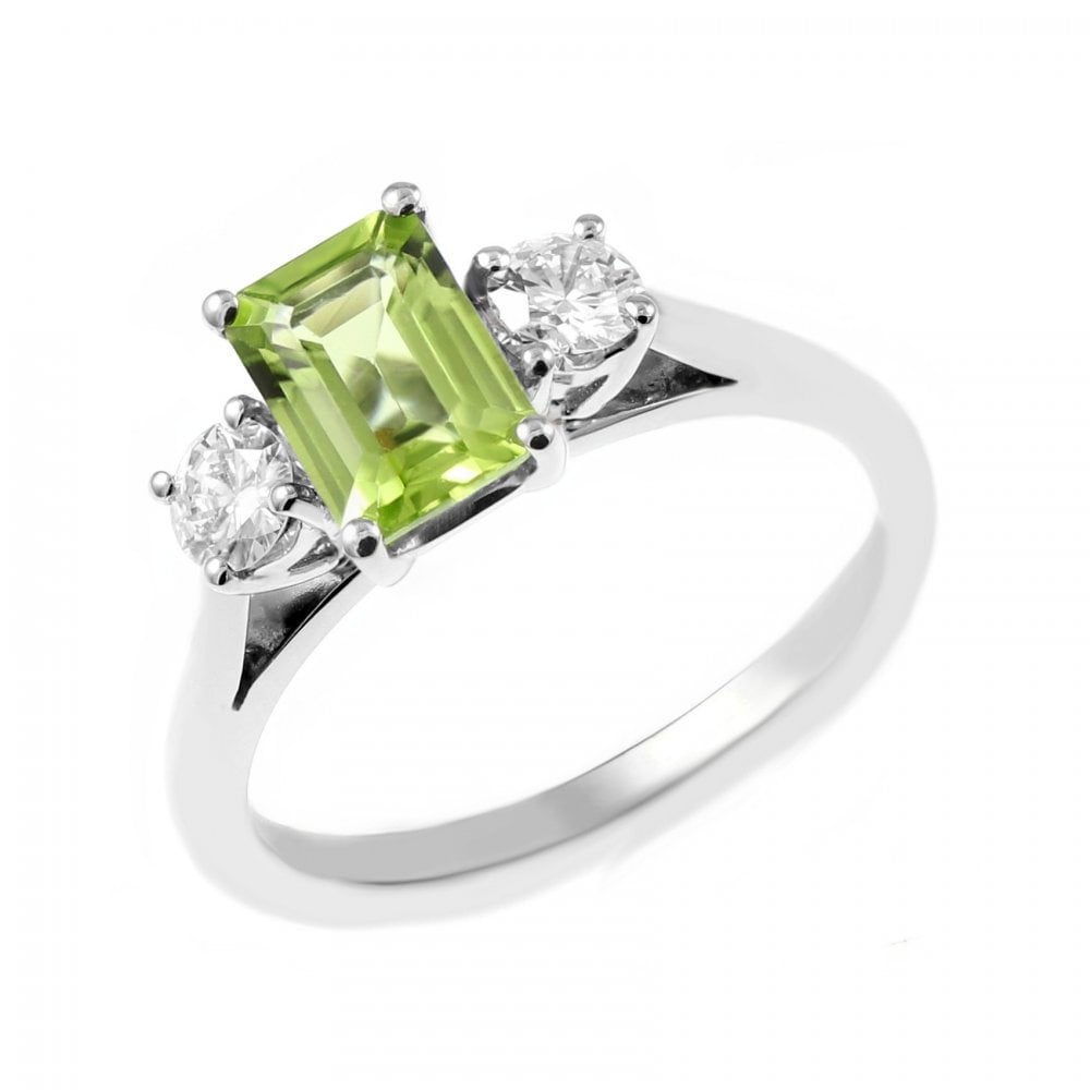Platinum 1.11ct peridot & 0.30ct diamond 3 stone ring