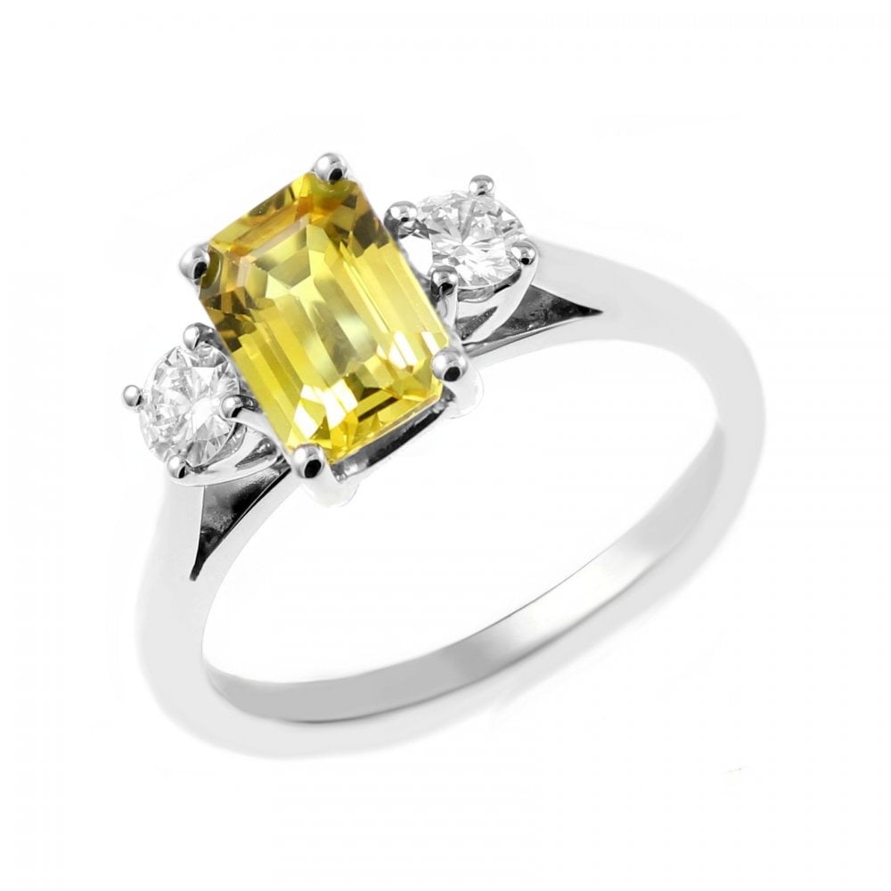 Platinum 1.34ct yellow sapphire & 0.30ct diamond 3 stone ring