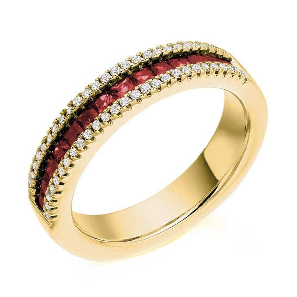18ct yellow gold 0.72ct ruby & 0.16ct diamond eternity ring