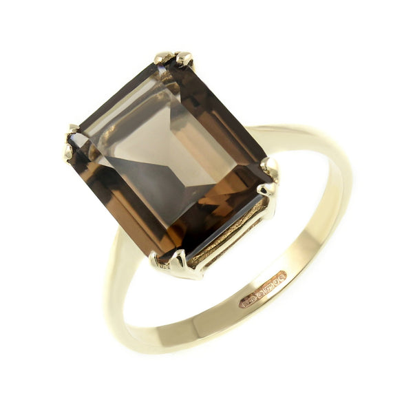 9ct yellow gold 12mm x 10mm emerald cut smoky quartz ring