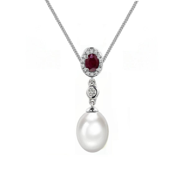 18ct white gold 0.25ct ruby, 0.07ct diamond & pearl pendant