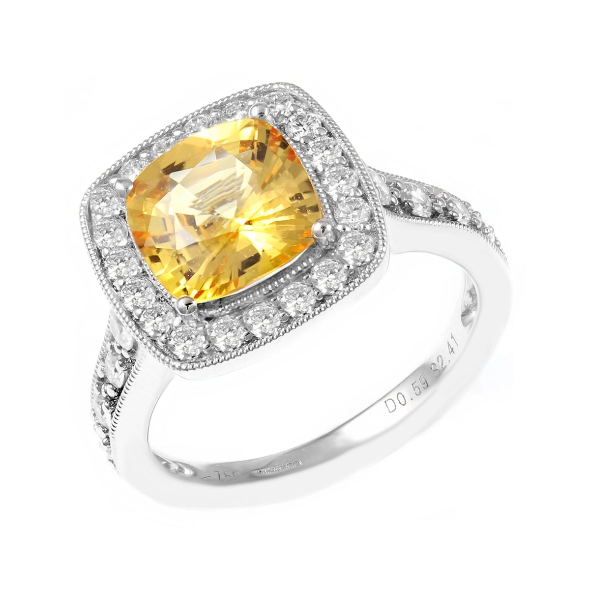 18ct white gold 2.41ct yellow sapphire & 0.59ct diamond ring