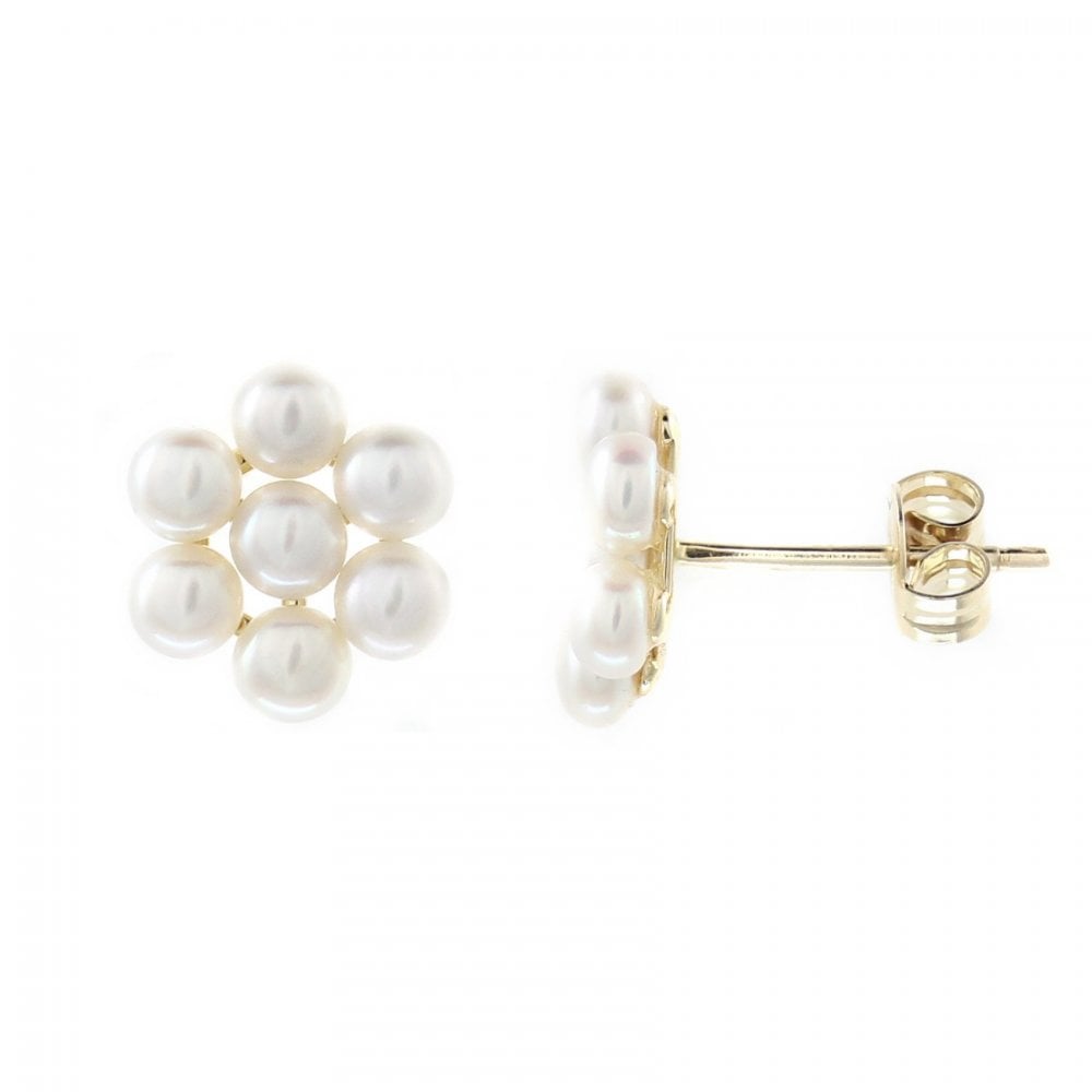 9ct yellow gold 3x3mm pearl cluster earrings
