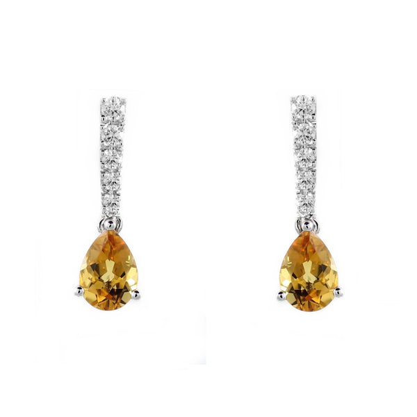 18ct white gold 1.29ct citrine & 0.21ct diamond drop earrings