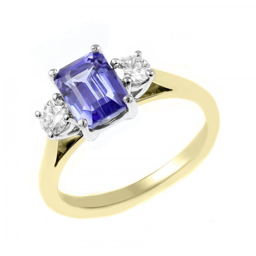 18ct yellow gold 1.09ct tanzanite & 0.30ct diamond 3 stone ring